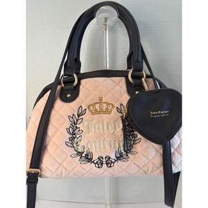 Y2K Juicy Couture Pink Quilted Velvet Satchel Bag w/ Heart Coin Purse and Strap